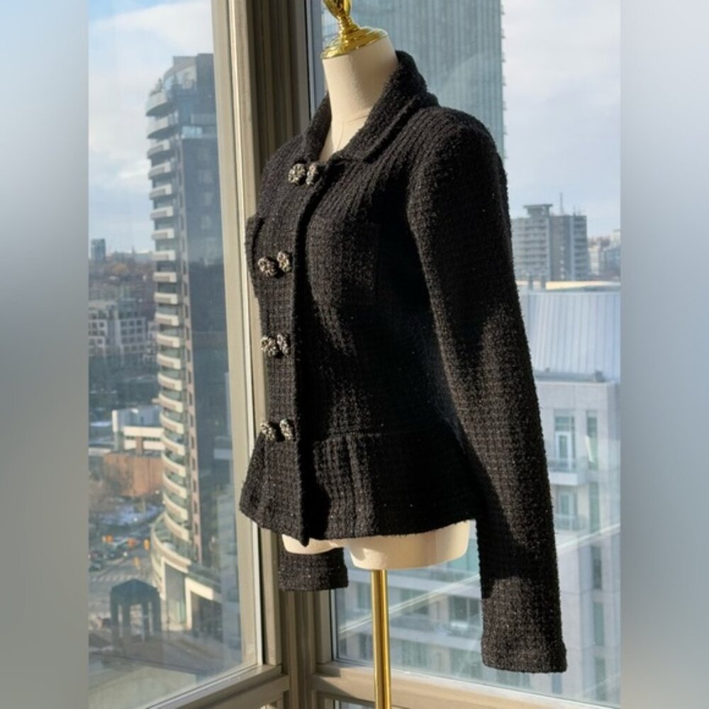 🆕 SELF PORTRAIT 🧿 NWOT Black Textured Peplum Knit Jacket - Sz Large - Picture 8 of 16